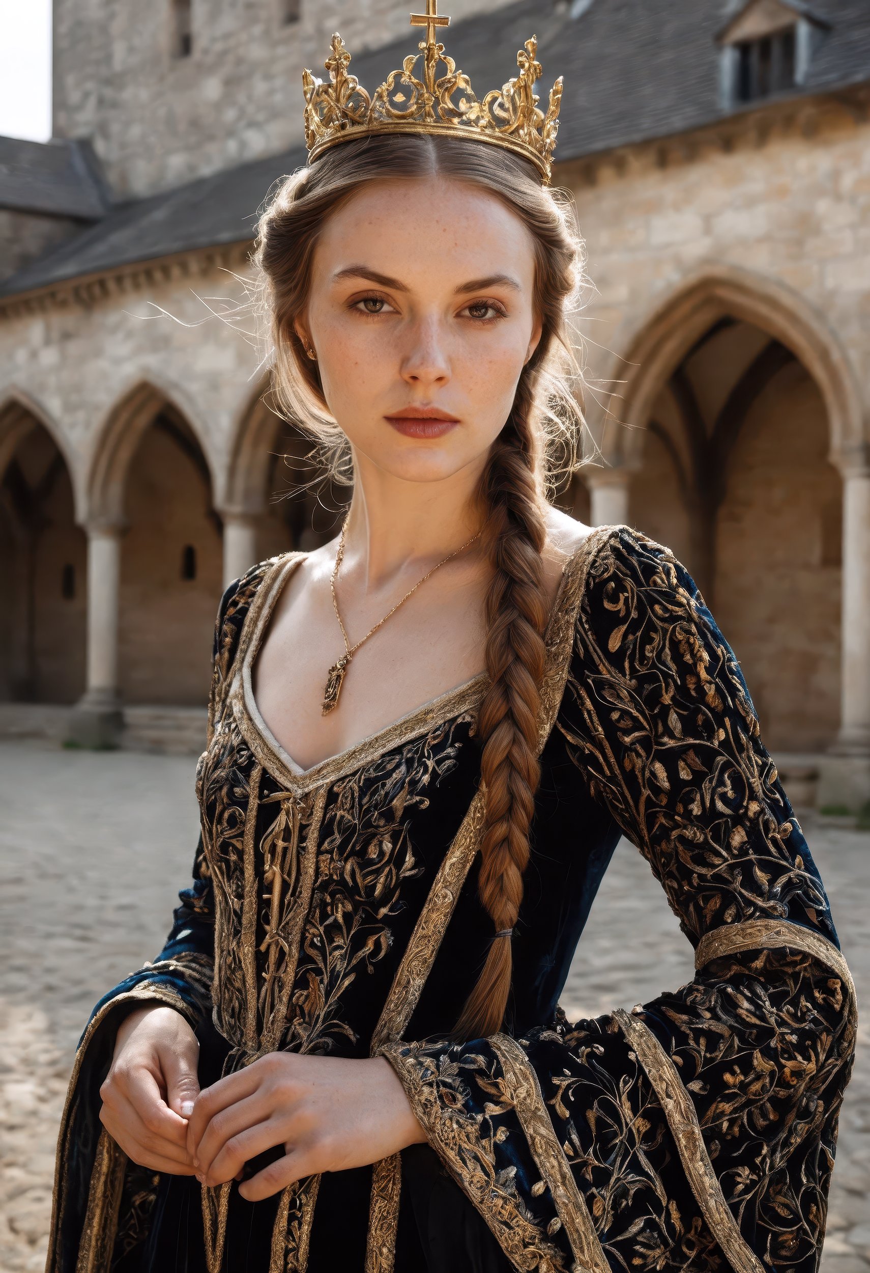 hyper-realistic portrait of a noblewoman in 14th-century medieval Europe,  standing in a stone courtyard of a Gothic castl...