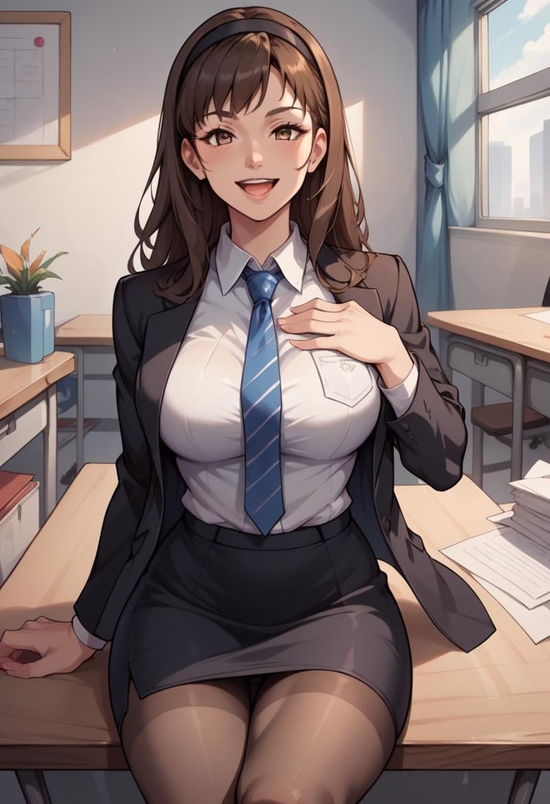 score_9, score_8_up, score_7_up, score_6_up, source_anime, BREAK masterpiece,  <lora:HitomiDOA:0.9>, HitomiDOA, brown hair, ,black hairband, smile, open mouth, looking at viewer, smile, sitting, office, suit, office lady, tie, black jacket, white shirt, pencil skirt, pantyhose, smile, hand on own chest,  on desk