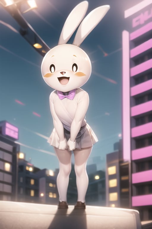 tsidoki, white eyes, rabbit ears, body fur, pink bowtie, white shirt, white skirt, :d, standing, city <lora:Doki-v2:1>