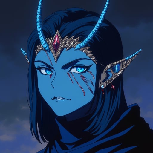 curved horns protruding from her head. Her skin is adorned with intricate, almost blue skin tone, feather-like details., This is a digital illustration of a stylized, deep blue eyes that are filled with intensity and a hint of sadness. She is wearing a dark, with prominent cheekbones and a sharp jawline., almost haunted look., enhancing her intense expression., athletic build. She has fair skin and is dressed in a high-necked