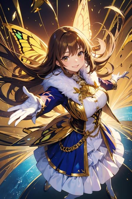 (perspective composition:1),Anime of 1 girl is fly in the air and smile and surrounded by a lot of surreal painting gold butterfly filigree,broken glass,brown long hair:1,wear gold butterfly filigree outfit coat fashion costume with ruffled layers:1),from above,dynamic pose,dynamic angle,golden splendid background),white gloves