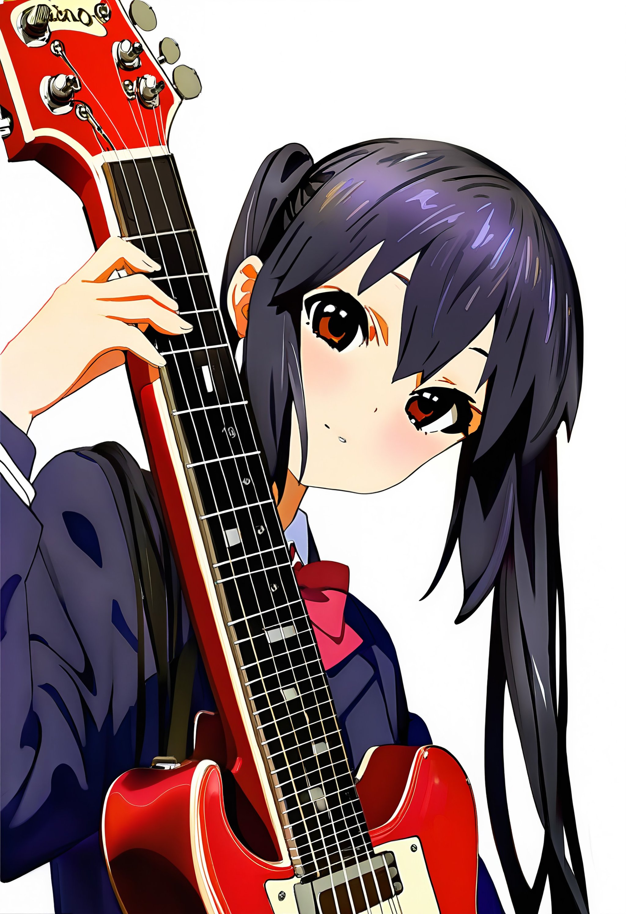 impasto, 1girl, solo, 1 nakano azusa, white background, school uniform, playing red guitar, very detailed, amazing quality