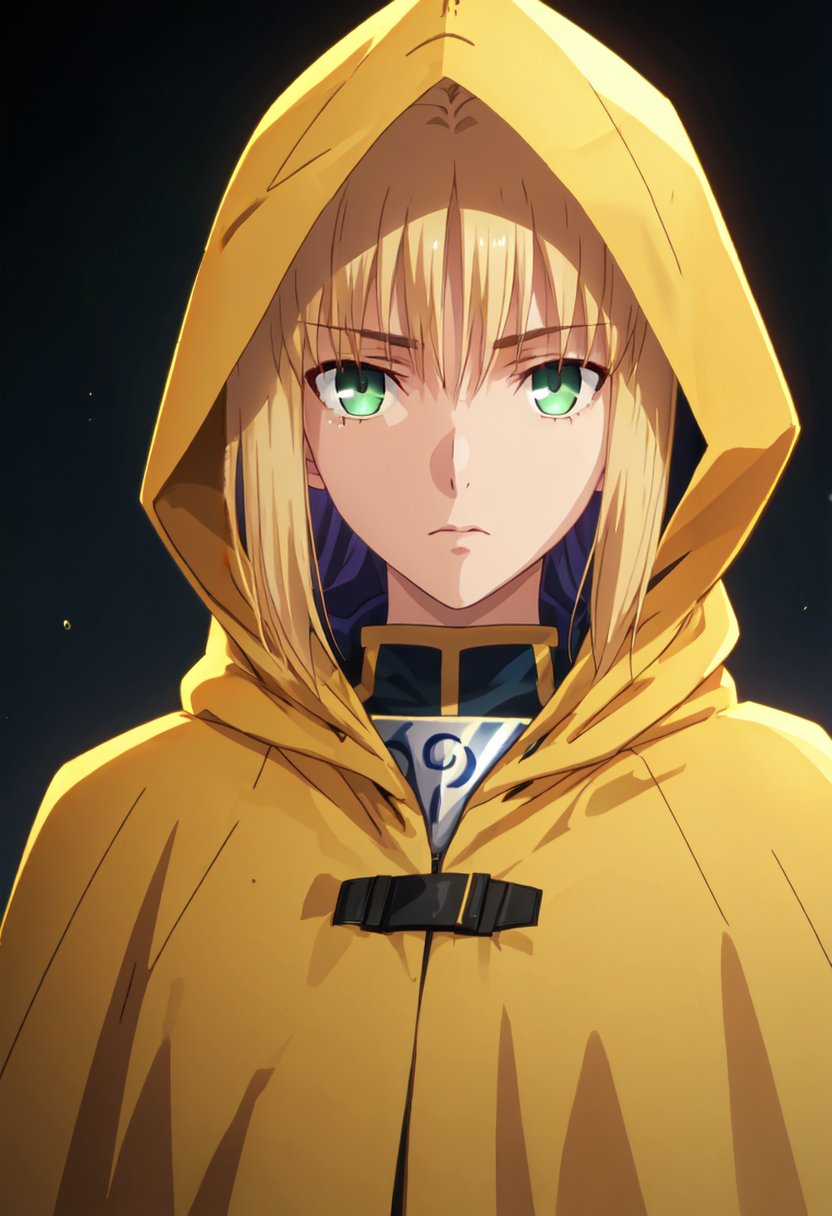 best quality, masterpiece, highres, solo, (saber_fatestaynightufotable:1.10), 1girl, hood up, yellow raincoat, closed mouth, hooded cloak, upper body, anime_style, 14 <lora:saber_fatestaynightufotable:0.80>