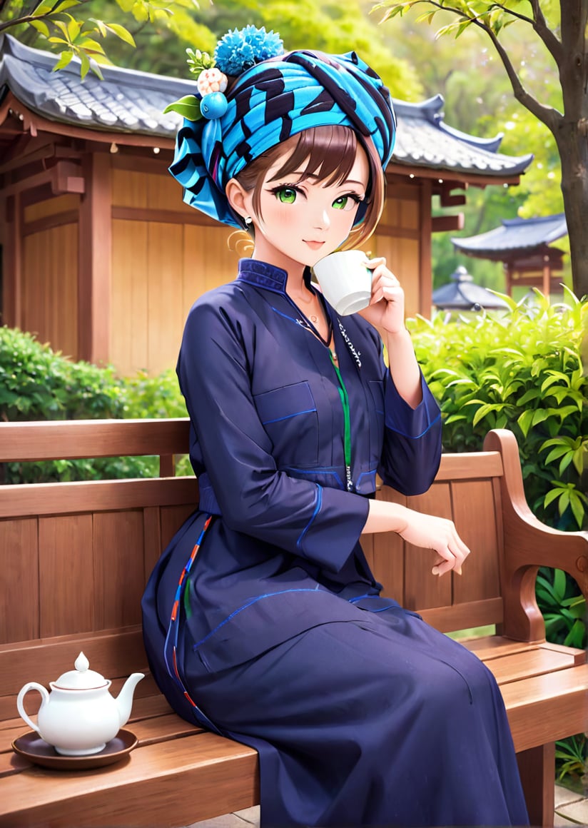 (masterpiece), solo, cool face, sitting on the wooden bench,  rokiah dress, navy blue paoh traditional dress, turban, a girl is breaking, drinking hot green-tea-latte BREAK (real, high-resolution photo), winter Japanese garden, (best quality:1.3), (extremely detailed:1.2) <lora: rokiah_dress:0.9>