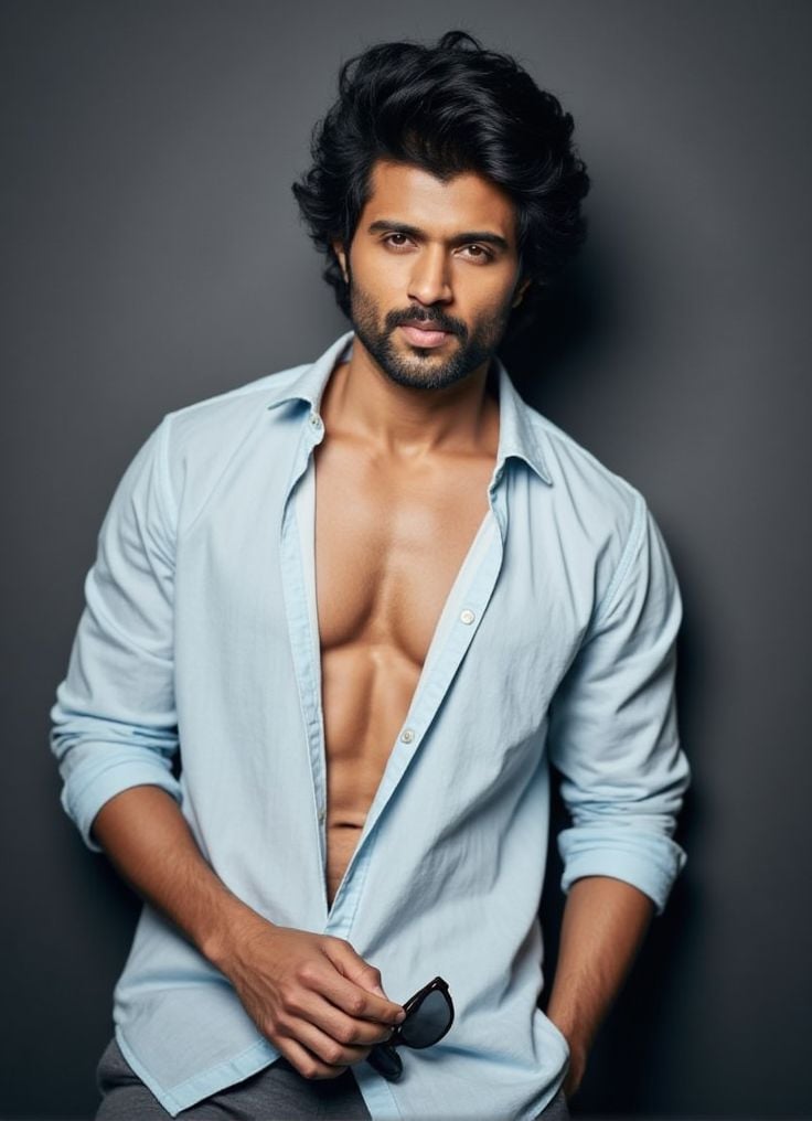 Vijay Devarakonda ,  stands confidently in front of a dark gray wall. He wears a light denim shirt,  unbuttoned at the top...