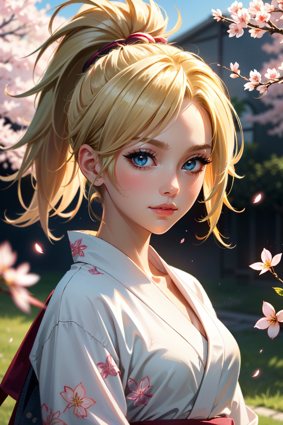 ((ultra detailed, masterpiece, absurdres))<lora:OMercy:0.8>OMercy, 1girl, blonde hair, ponytail, looking at viewer, yukata, japan, cherry blossoms, hair ornament, portrait