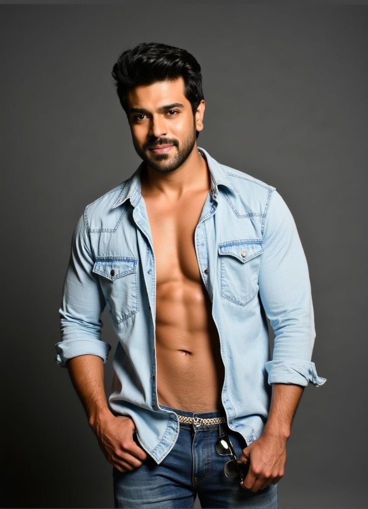 ram charan ,  stands confidently in front of a dark gray wall. He wears a light denim shirt,  unbuttoned at the top by Hot...