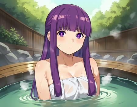 score_9, score_8_up, score_7_up, source_anime,fern, <lora:fern-s1-ponyxl-lora-nochekaiser:1>,fern, long hair, bangs, purple eyes, purple hair, sidelocks, blunt bangs, bright pupils, half updo,nude, naked, outdoors, onsen, towel, naked towel, steam, bathing, nude cover, partially submerged, water, bath, steam censor, wet towel,looking at viewer, cowboy shot, dutch angle,