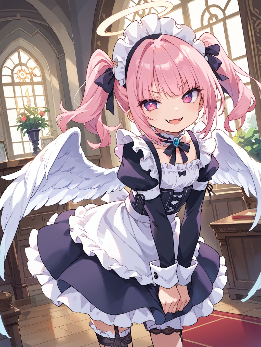 score_9, score_8_up, score_7_up,source_anime,BREAK, indoors, 1girl, smug, fangs, angel, angel wings, gothic,maid, 