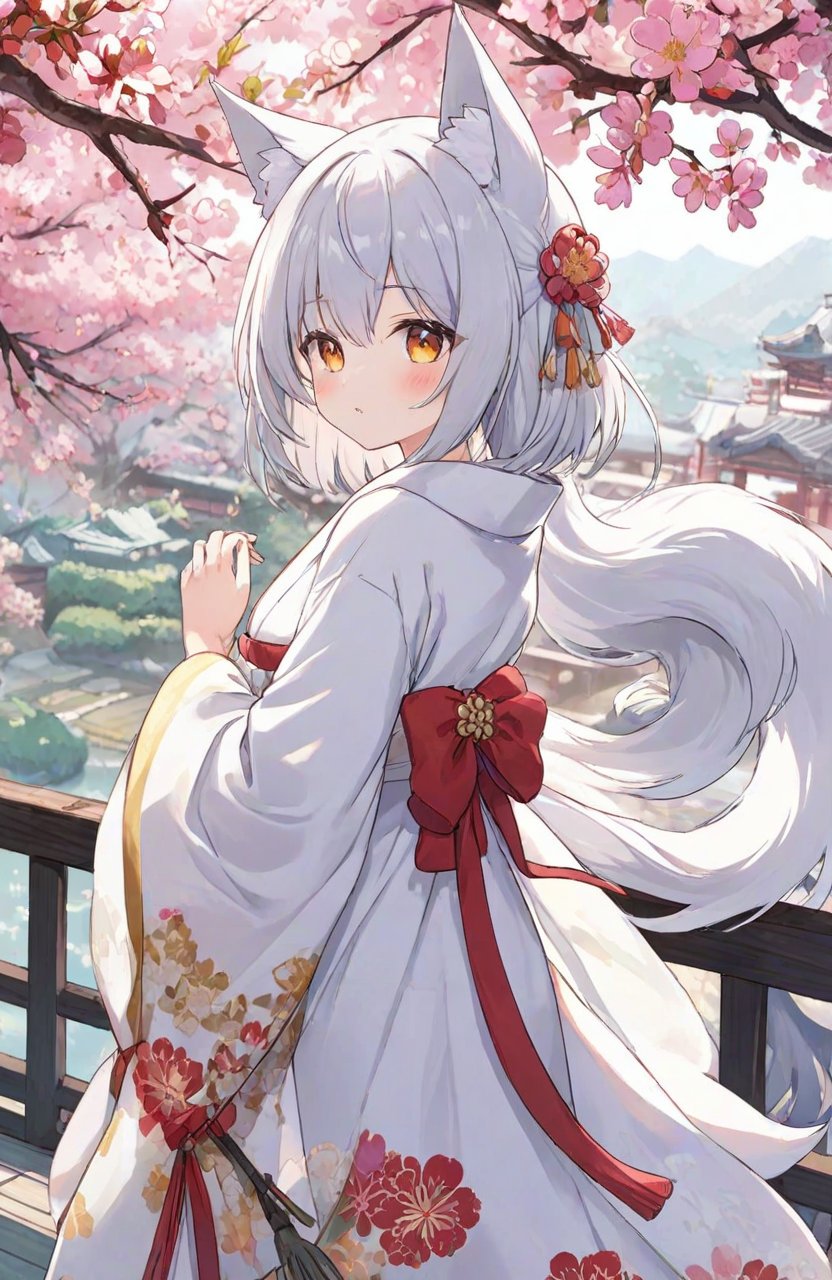 (masterpiece),(highest quality),highres,(an extremely delicate and beautiful),(extremely detailed),1girl,tail,animal ears,bird,red eyes,fox ears,uchikake,japanese clothes,veil,tail,flower,solo,fox tail,looking at viewer,kimono,white hair,fox girl,standing,long sleeves,wide sleeves,indoors,bangs,eyebrows visible through hair,tatami,full body,closed mouth,white kimono,bride,wedding dress,red flower,bridal veil,yellow flower,holding,tree,floral print,hair ornament,hood,see-through,from side,sidelocks,animal ear fluff,animal,tassel,short hair,long hair,dress,crane \(animal\),white flower,silver hair,ribbon,peony \(flower\),hair between eyes,railing,branch,cherry blossoms,depth of field,blurry foreground,blurry background,