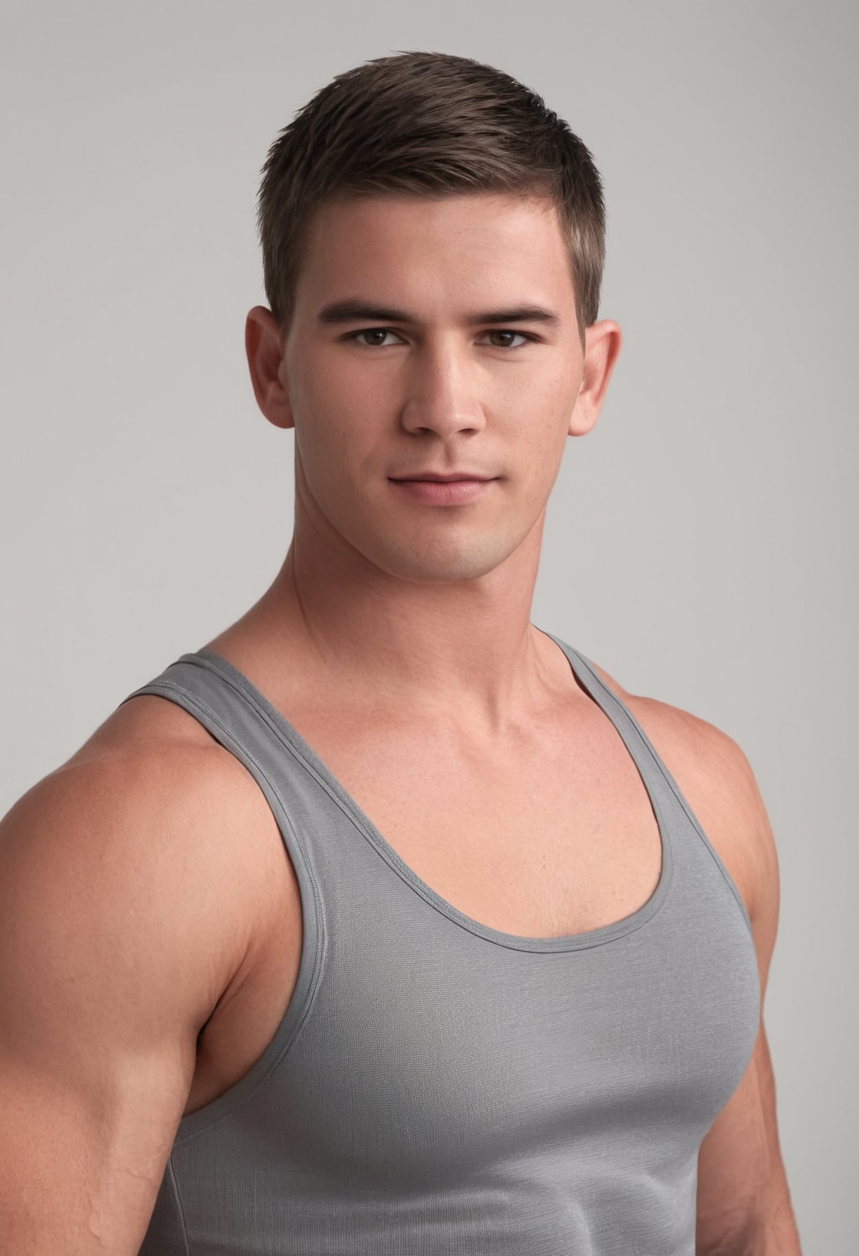 male focus,  photorealistic portrait of jamieperson wearing a form-fitting grey athletic tank top,  showcasing defined upp...