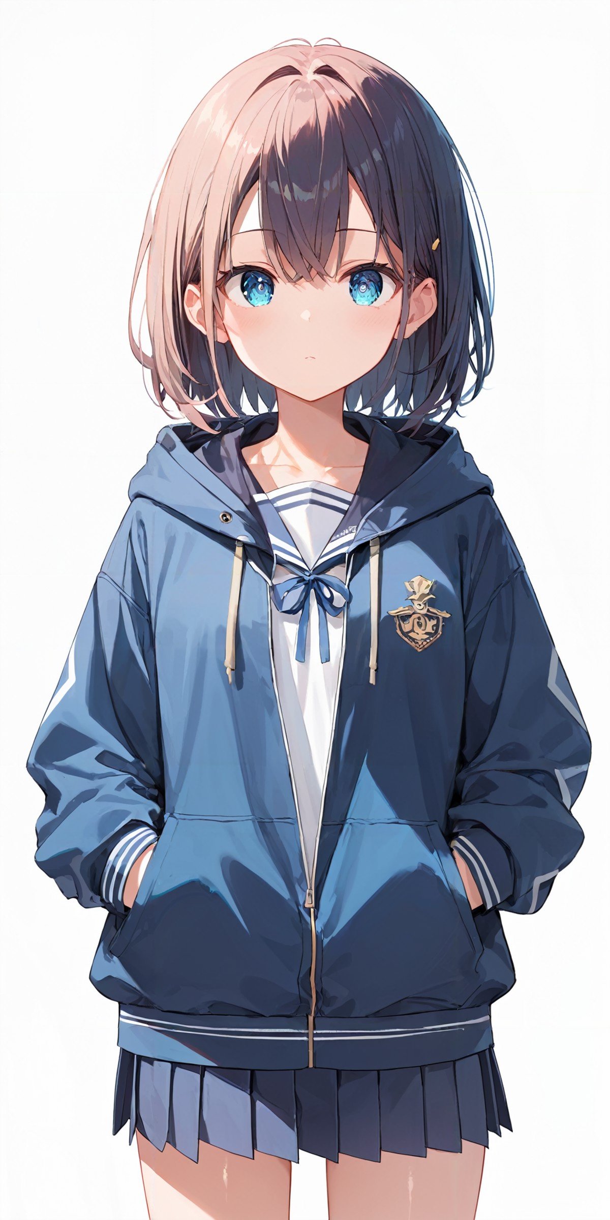 score_9, score_8_up, score_7_up,source_anime, high res image,masterpiece,best quality,girl,cute face,clear skin,shiny hair,ultra detailed eyes,simple background,<lora:hoodie_pony_V1.0:1>   jyojifuku,hoodie,jacket,school uniform,shirt