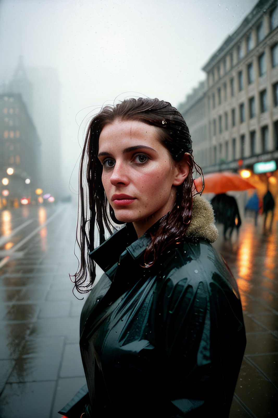 (photo)++ of a stern self-assured woman in the rain, wet hair, city streets background, skin pores, wide angle 20mm f/11 on kodak ektachrome e100, overcast, soft focus, film grain, desaturated, muted colors, eye contact