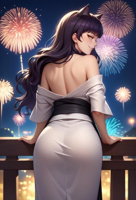 score_9, score_7_up, score_8_up, source_anime, from behind, solo, 1girl, blake belladonna, smile, looking back, cat ears, white kimono, off shoulder, black sash, bare shoulders, fireworks <lora:rwby_blakebelladonna_ponyXL:1>