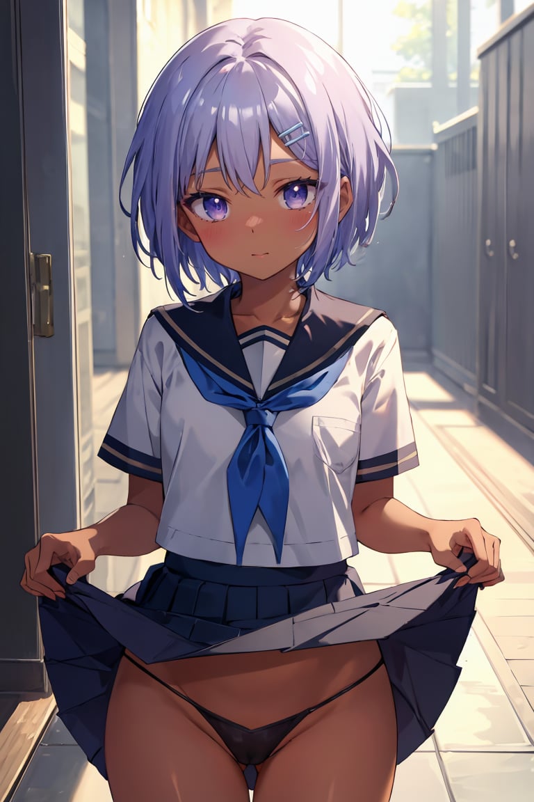 masterpiece, best quality, ultra-detailed, glistening shiny, glowing light, ray tracing, HDR, deph of field, (perfect face, detailed face),  <lora:SprRen:0.7>, sprren, (dark skin:1.2), short hair, hairclip, flat chest, nose blush, school uniform, serafuku, skirt lift, thong, standing