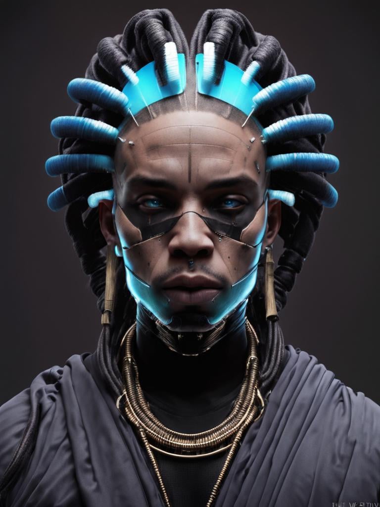 solo, looking_at_viewer, blue_eyes, 1boy, closed_mouth, upper_body, male_focus, artist_name, dark_skin, gradient, gradient_background, black_background, portrait, straight-on, very_dark_skin, dreadlocks , <lora:Digital_Madness:0.75> 