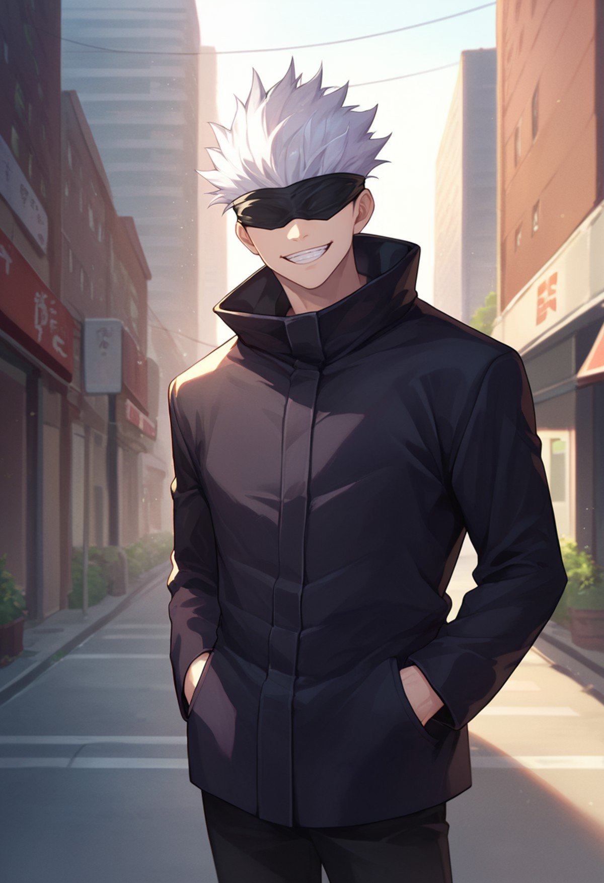 score_9, score_8_up, score_7_up, solo, male focus, 1boy, gojo satoru, grin, looking at viewer, standing, hands in pockets, white hair, black blindfold, black jacket, high collar, long sleeves, black pants, outdoors, city street <lora:jjk_gojo_ponyXL:1>