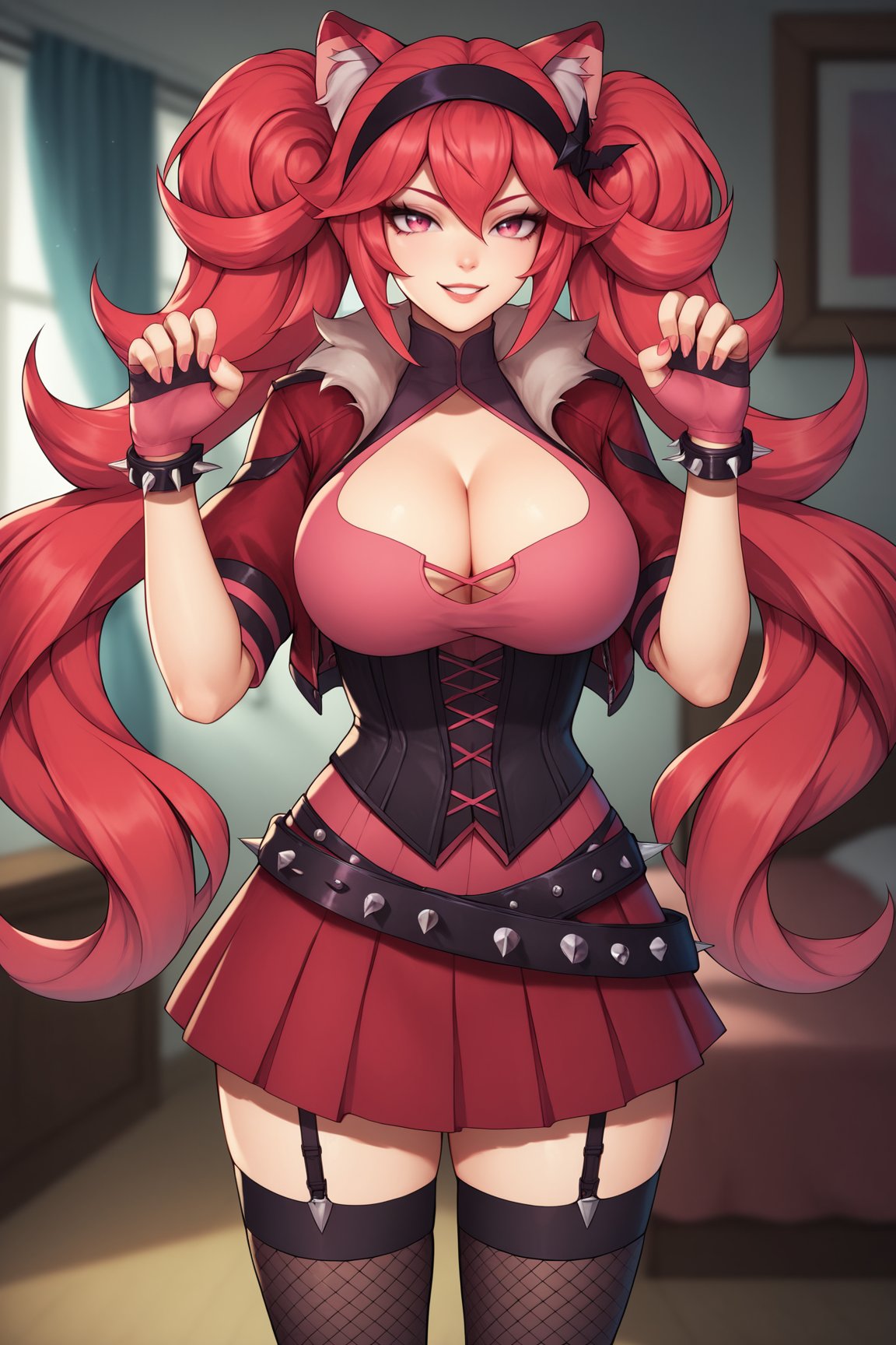 score_9, score_8_up, score_7_up, score_6_up, score_5_up, score_4_up, LunariaVTXL, pink eyes, red hair, bangs, sidelocks, long hair, twintails, animal ears, hairband, large breasts, red jacket, cleavage, corset, spiked bracelet, fingerless gloves, red skirt, belt, garter straps, fishnet thighhighs, black thighhighs, standing, paw pose, hands up, seductive smile, looking at viewer, indoors <lora:LunariaVTXL:0.8>