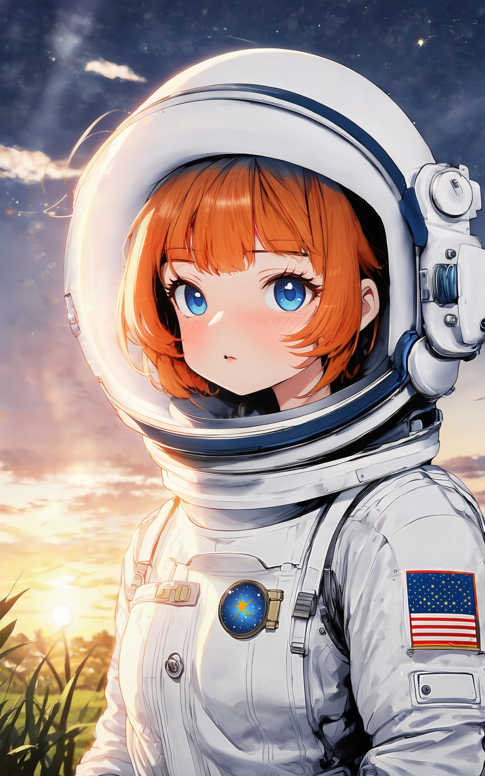 anime style, 1girl,looking at viewer,blush,short hair,bangs,blue eyes,closed mouth,standing,cowboy shot,outdoors,sky,cloud,orange hair,plant,star (sky),starry sky,sunset,spacesuit,space helmet,astronaut