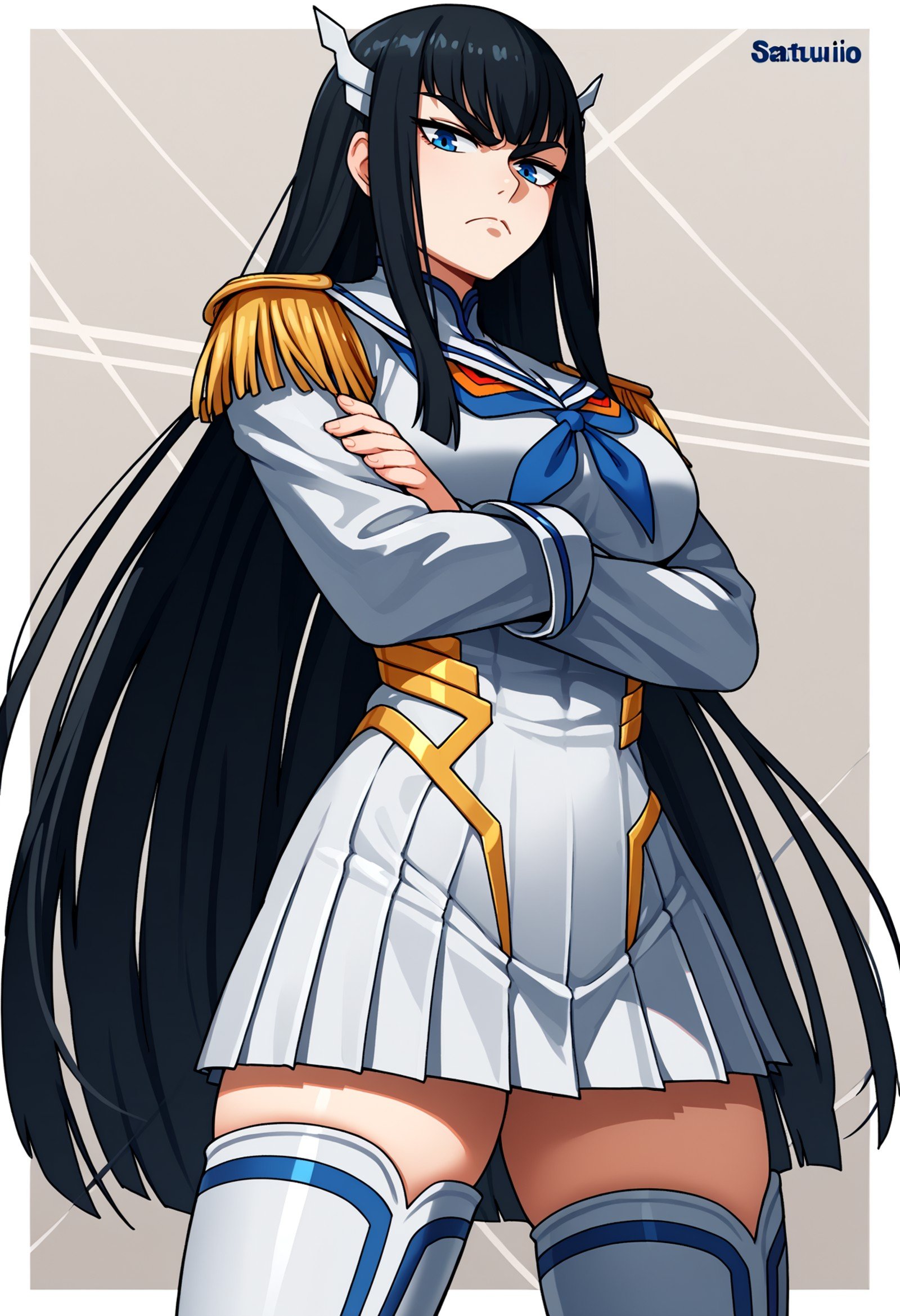 score_9, score_8_up, score_7_up, source_anime BREAK 1girl,  looking at viewer, cowboy shot,<lora:KiryuuinSatsukiDwnsty:0.8>, satsuki_def, epaulettes, neckerchief, blue eyes, black hair, sailor collar, white skirt, long sleeves, white footwear, thigh boots,large breasts, skindentation, narrowed eyes, crossed arms, light frown, straight-on,  from below, abstract background, light particles, border, 