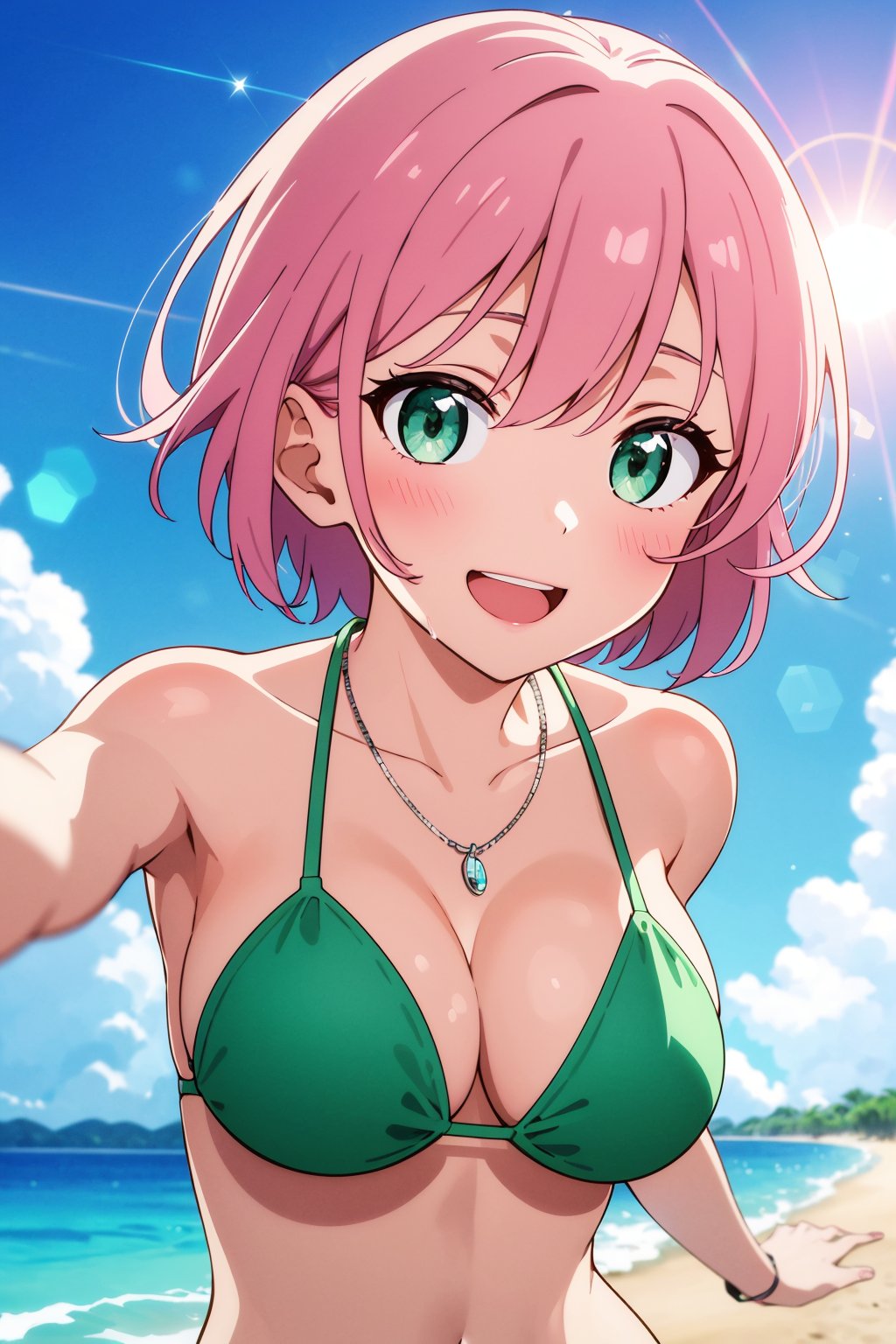 (masterpiece), best quality, expressive eyes, perfect face, solo,short hair, pink hair, green eyes, large breasts, micro bikini, necklace, smile, open mouth,portrait, beach, lens flare, running, splashing,