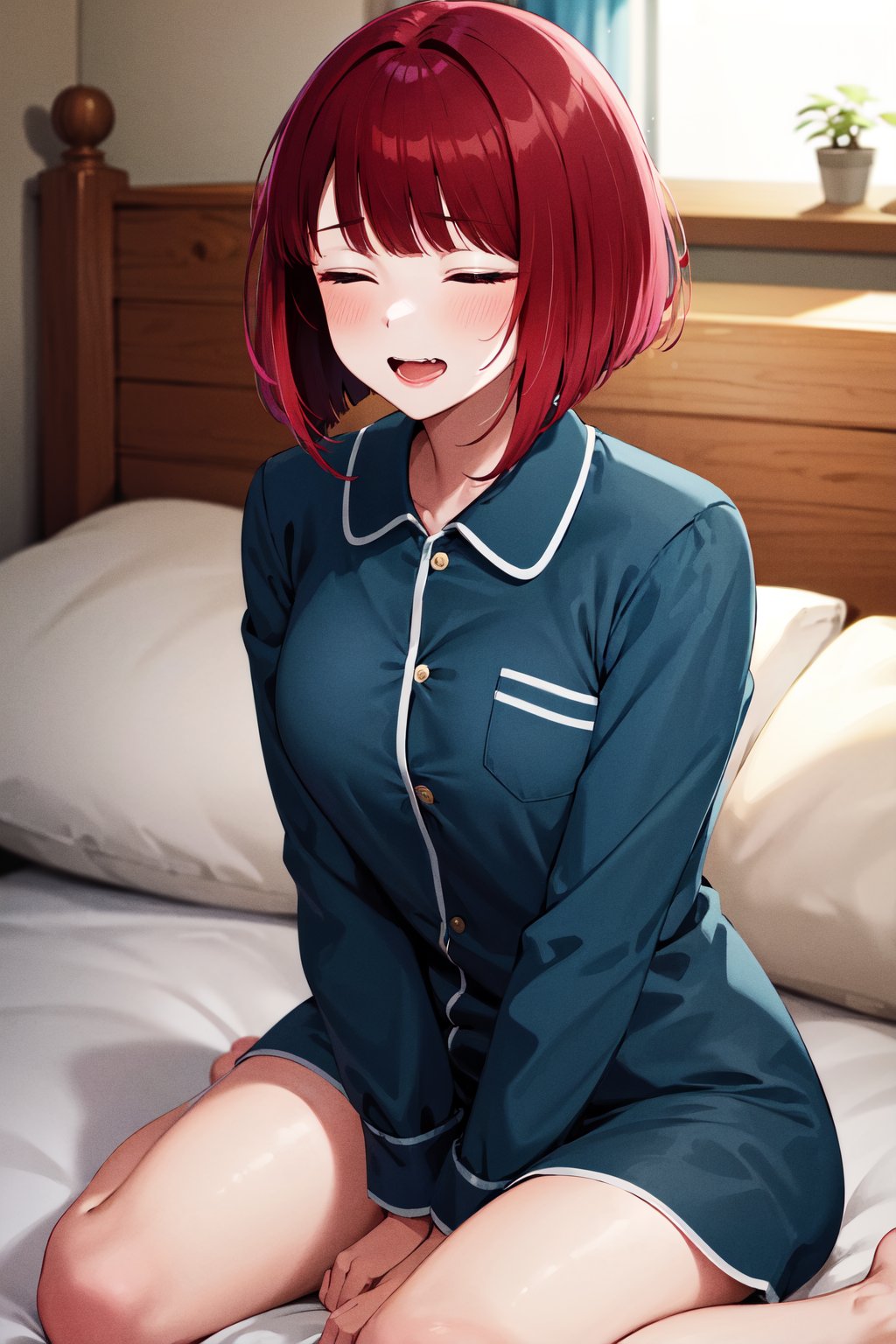 masterpiece, best quality, highres, aakana, short hair, <lora:arima_kana_v1:0.7>, pajama, closed eyes, wavy mouth, open mouth, bed, sitting,