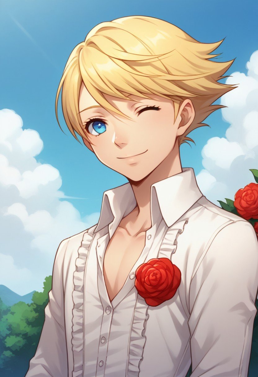 score_9, score_8_up, score_7_up, source_anime, highly detailed, teddie, solo, 1boy, male focus, blonde hair, blue eyes, male focus, flower, rose, smile, red rose, red flower, shirt, upper body, one eye closed,outdoor, sky, tree, day, clouds,