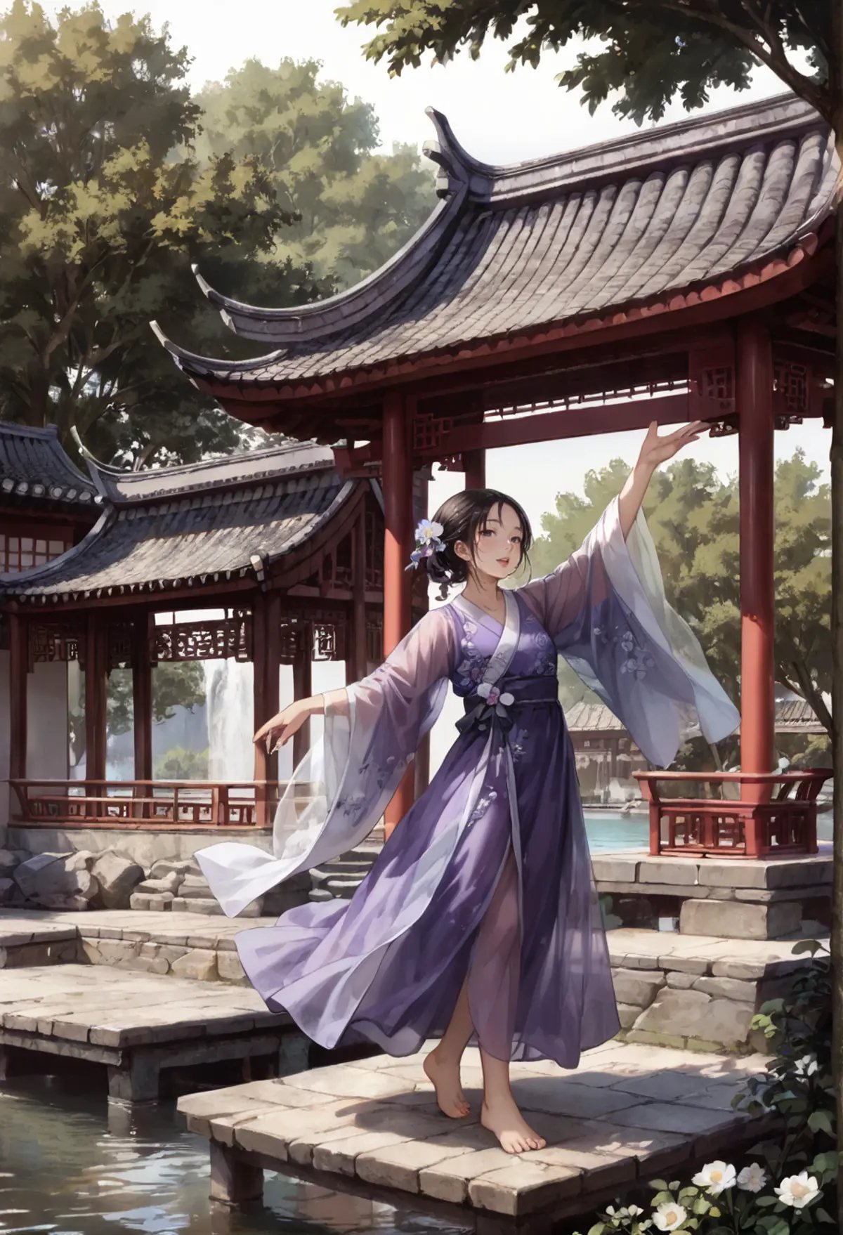 ,ruanyi0800,scenery,outdoors,east asian architecture,barefoot,dancing,flower,tree,water,,ruanyi0752,hanfu,purple dress,see-through,wide sleeves,<lora:0800 Chinese courtyard_v1_pony:1>,<lora:0752 Wisteria butterfly hanfu_v1_pony:0.8>, score_9,score_8_up,score_7_up,,8k,1girl,solo,,