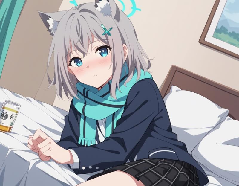 score_9, score_8_up, score_7_up, source_anime, <lora:shiro-sunaookami-s1-ponyxl-lora-nochekaiser:1>, shiroko sunaookami, animal ears, blue eyes, grey hair, hair ornament, hairpin, halo, medium hair, wolf ears,, checkered clothes, checkered skirt, school uniform, skirt, scarf,, indoors, bed, bed room, on side, blush, drunk, looking at viewer, solo, cowboy shot, dutch angle