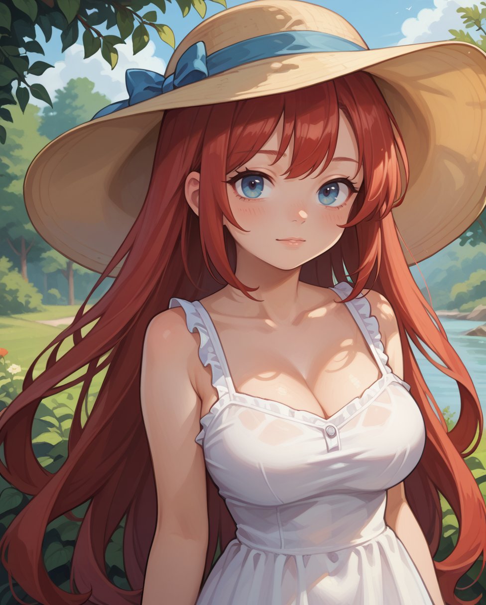 score_9, score_8_up, score_7_up, source anime, rating safe, 1girl, solo, outdoors, upper body, looking at viewer, very long hair, red hair, blue eyes, sundress, navel, midriff, large breasts, 