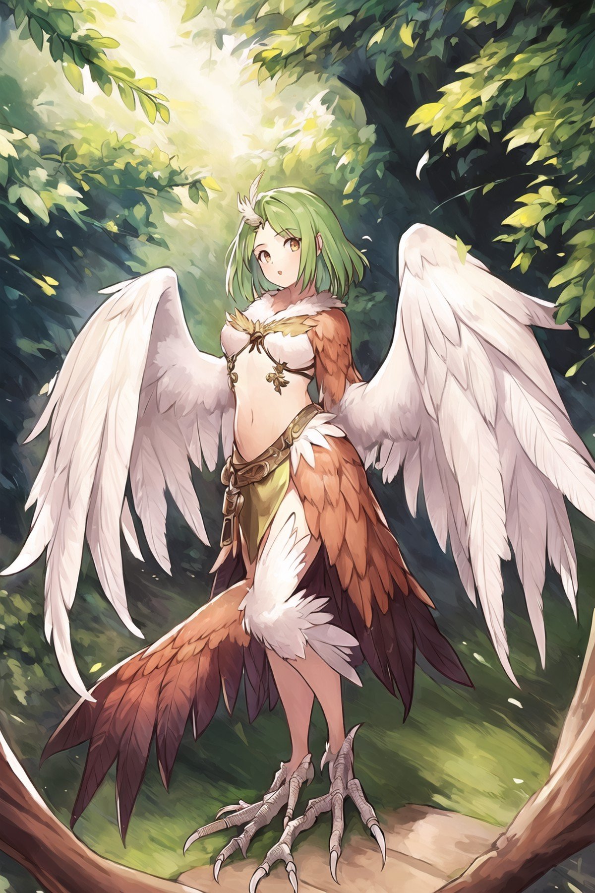 1girl, harpy, feathers, talons, scales, standing on tree branch full body, masterpiece, best quality, masterpiece,