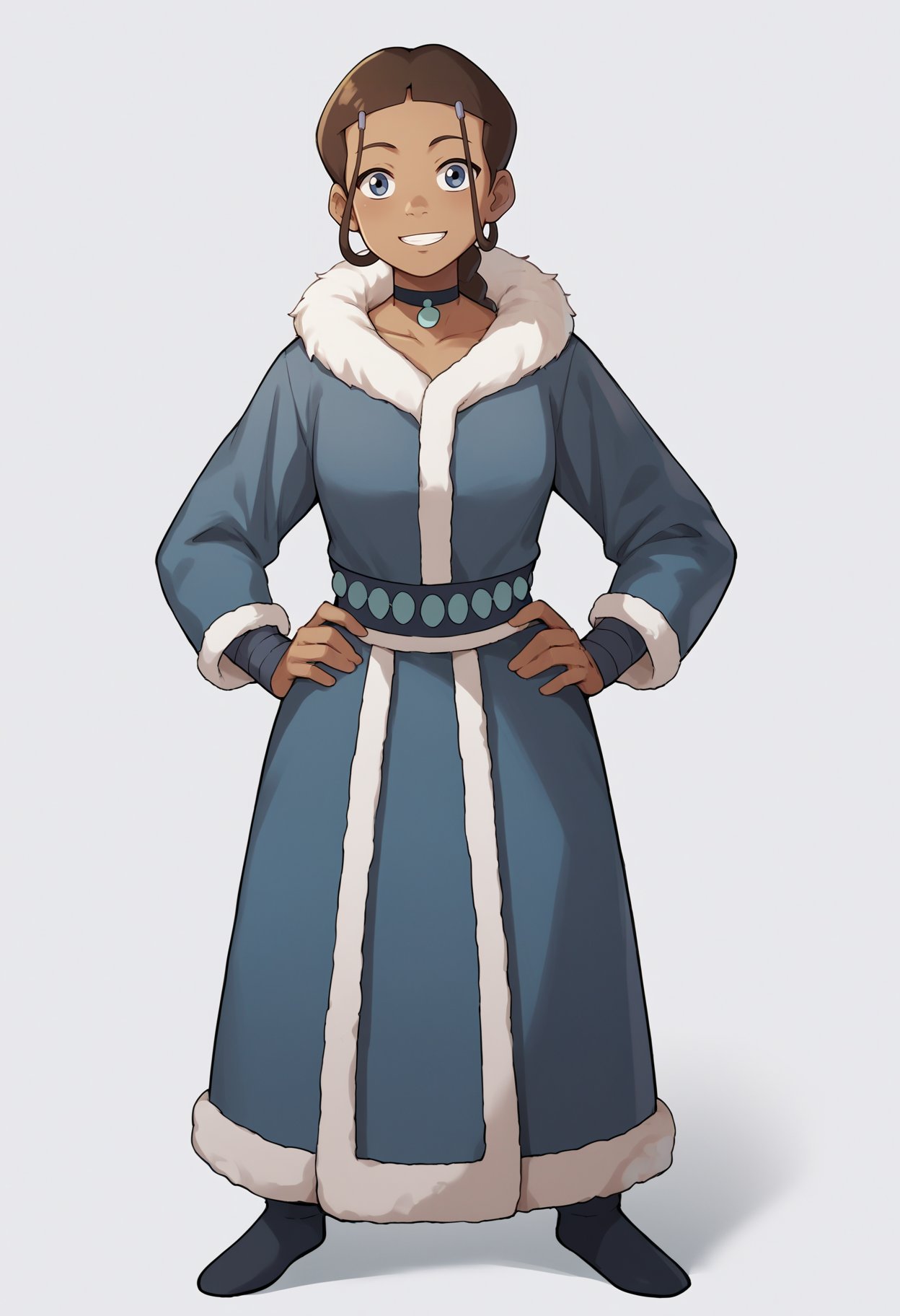 score_9, score_8_up, score_7_up, score_6_up, score_5_up, score_4_up, BREAK, source_anime,1girl, katara, brown hair, braid, blue eyes, dark skin, choker, coat, fur trim,hands on hips, smile, standing, full body, looking at viewer, solo, simple background, white background   <lora:KataraXL:1>