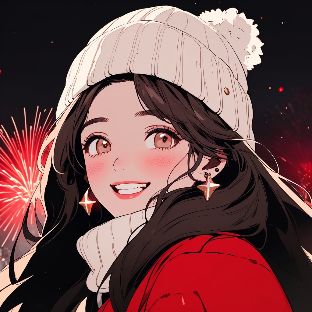 (best quality),(masterpiece),(ultra-detailed),illustration,8k wallpaper,best illustration,1girl,solo,smile,black hair,piercing,ear piercing,mole under eye,jewelry,earrings,fireworks,blush,hat,long hair,looking at viewer,beanie,upper body,coat,white headwear,red jacket,brown eyes,teeth,night,red coat,grin,beautiful detailed glow,glowing eyes,<lora:newyear-0010:0.9>,