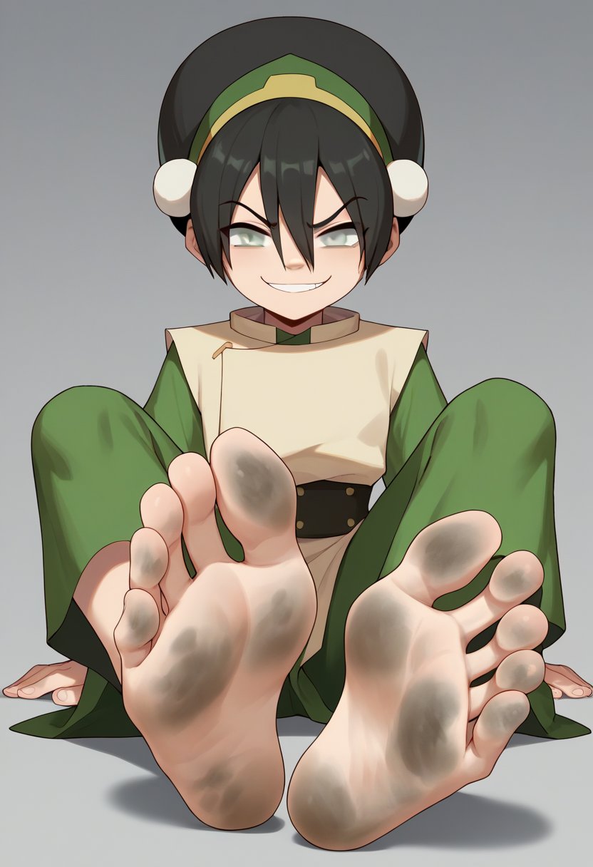 score_9, score_8_up, score_7_up, score_6_up, score_5_up, score_4_up, BREAK, source_anime,1girl, toph, bangs, black hair, blind, grey eyes, hair between eyes, hair bun, hairband, short hair, short sleeves, tunic, chinese clothes, baggy capri pants,smug, sitting, foot focus, barefoot, soles, (dirty feet:1.2), bottomless   <lora:TophXL:1>