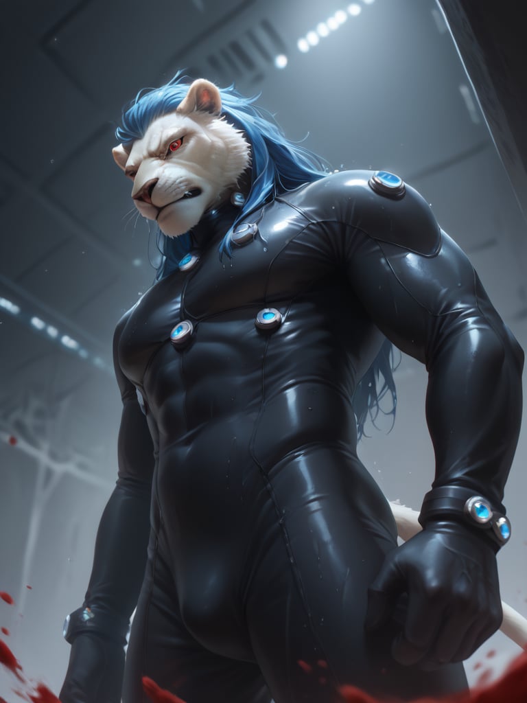 score_9, score_8_up, score_7_up, realistiv, high quality, furry, male, lion, white body, blue hair, long hairstyle, red eye glowing, gantz suit, tokyo, black tech suit, nice angle, nice perspective, serious expression, blood splatter, sweats, wet,