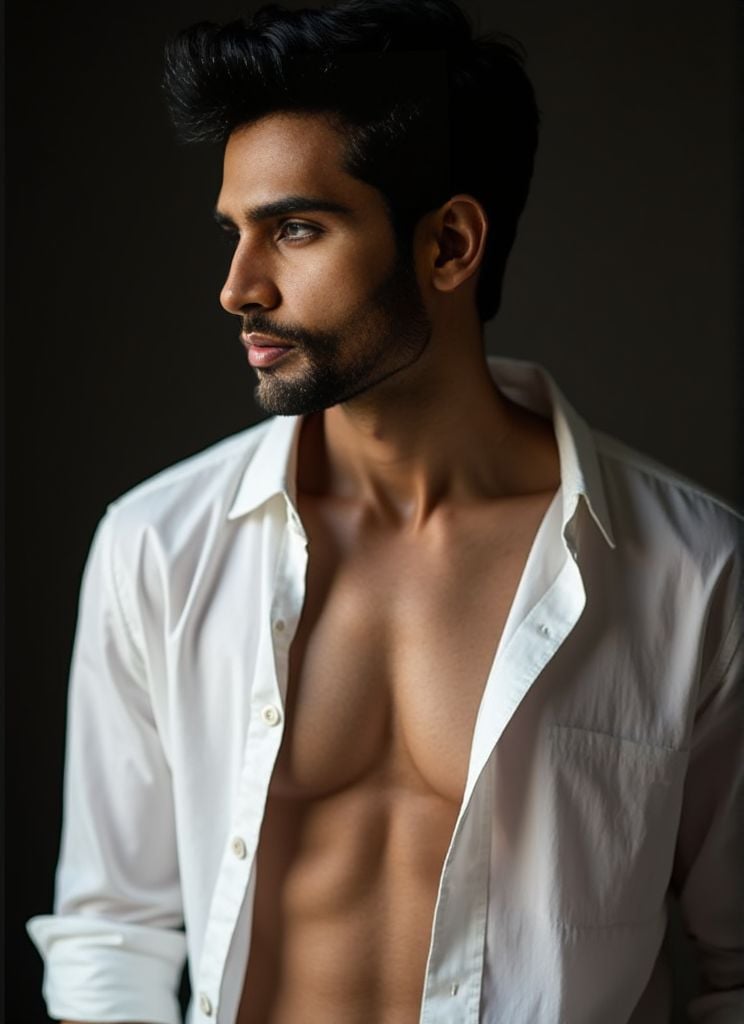 Rohit Khandelwal ,  Photorealistic . sheer white shirt half‑removed. intricate fabric textures. dramatic studio lighting....