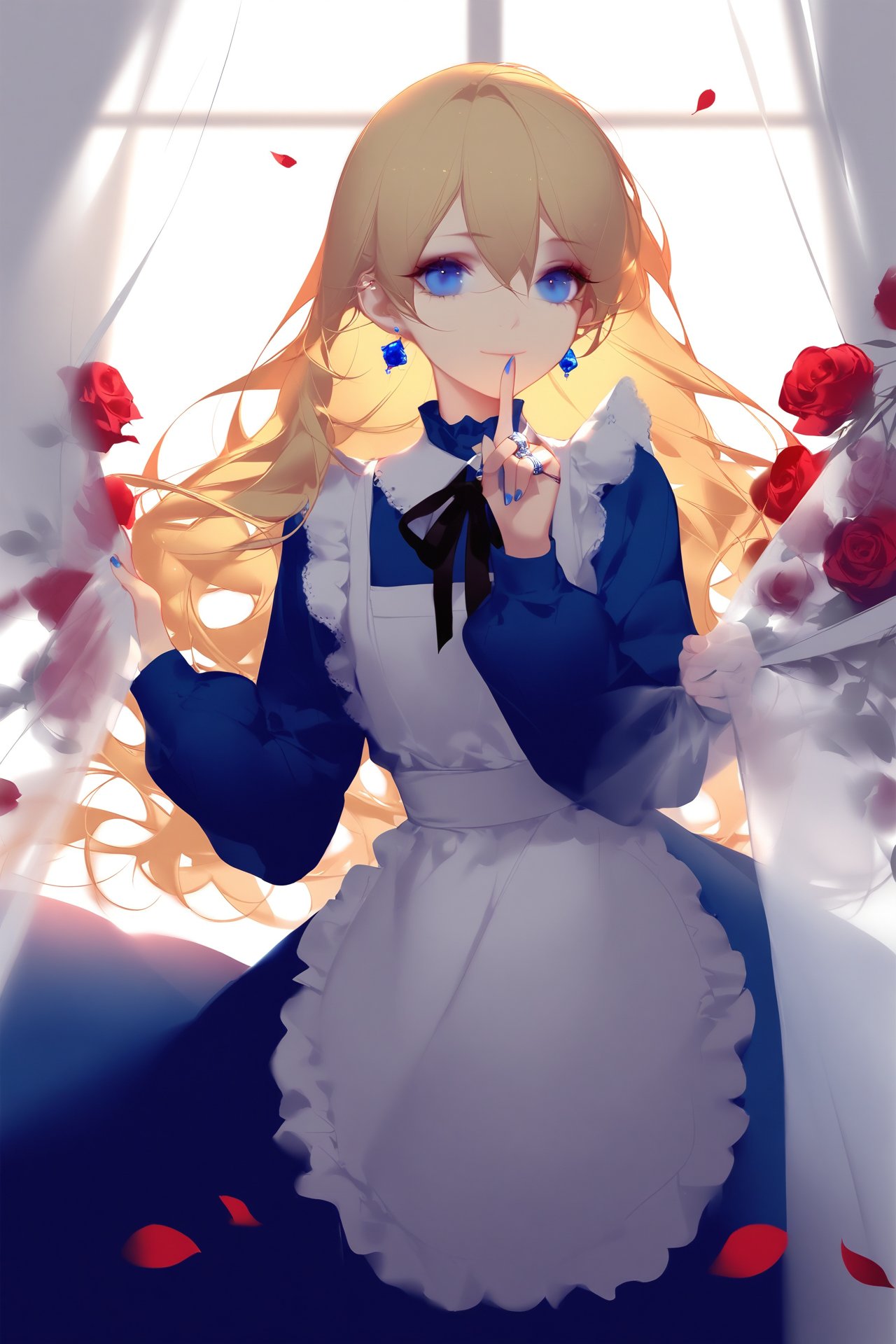 (masterpiece),(best quality),illustration,ultra detailed,hdr,Depth of field,(colorful),loli,[Artist wlop],Artist ask \(askzy\),[[Artist sheya]],1girl,solo,long hair,flower,long sleeves,window,looking at viewer,jewelry,curtains,blue eyes,apron,blonde hair,rose,ring,ribbon,blue nails,closed mouth,dress,nail polish,hair between eyes,smile,index finger raised,petals,earrings,neck ribbon,shirt,blue dress,red flower,finger to mouth,black ribbon,curtain grab,red rose,frills,