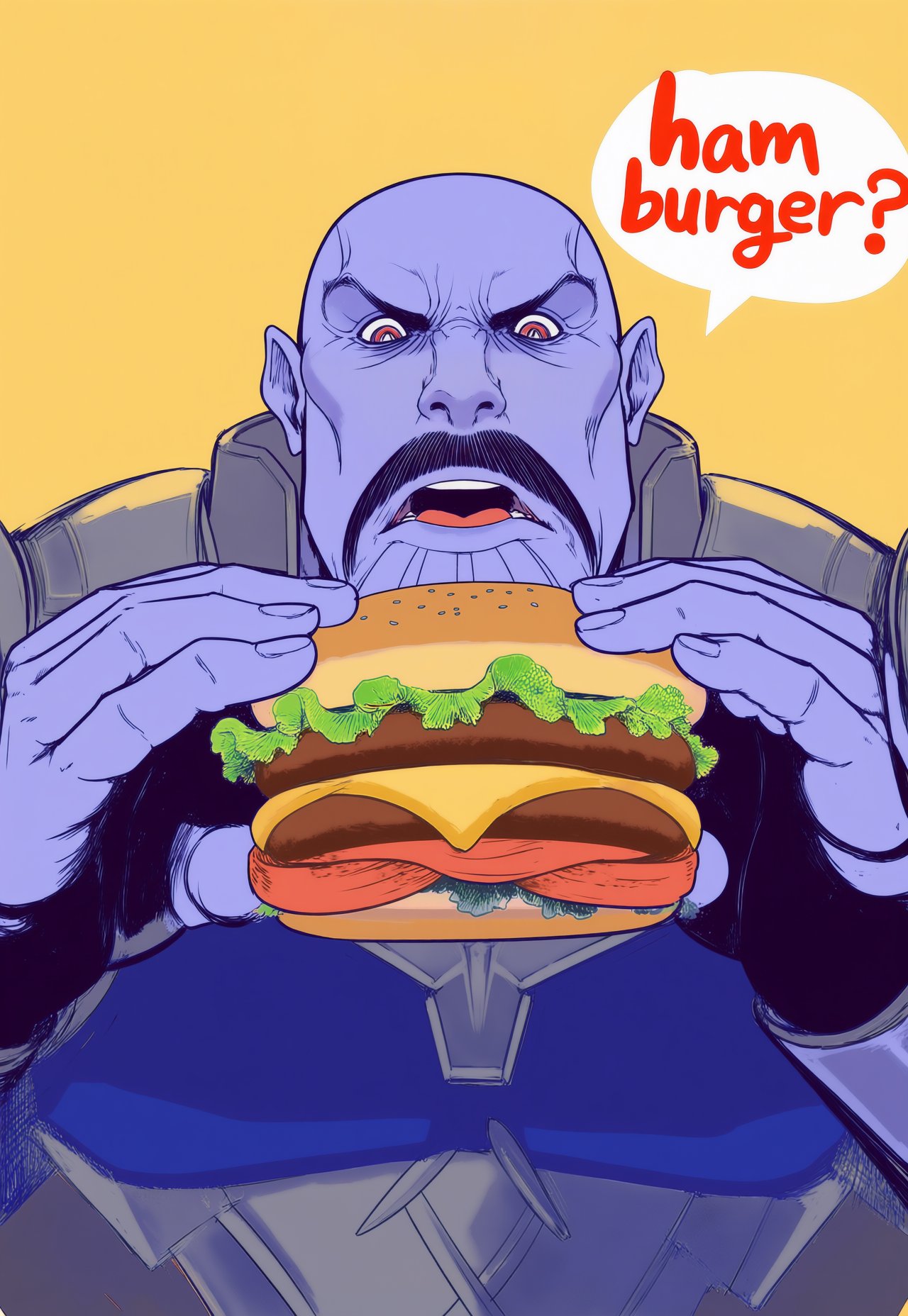 flat color,  thanos,  speech bubble "hamburger?" by interfusor on Tensor.Art