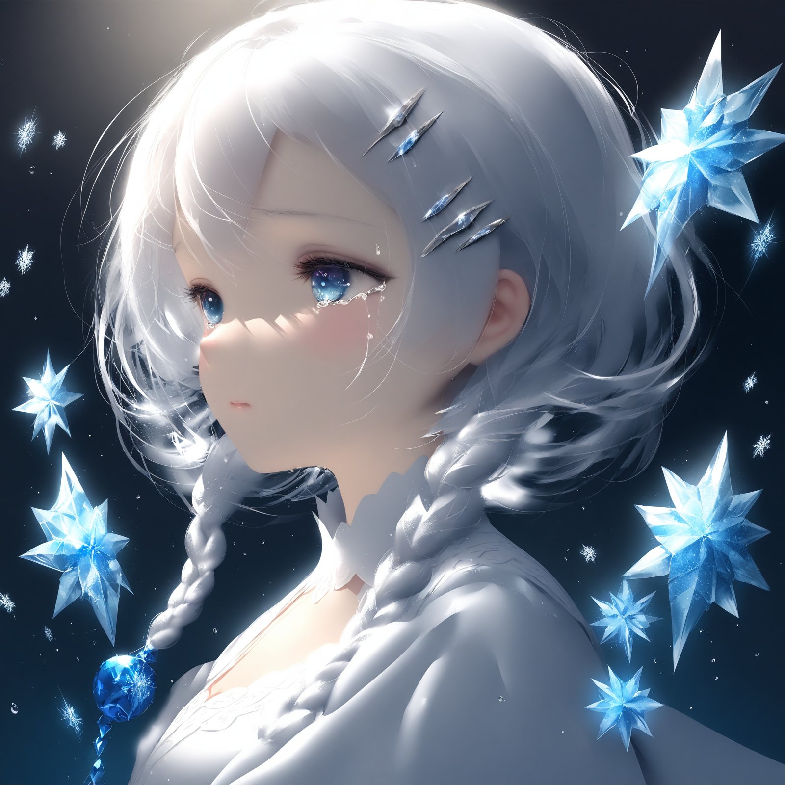 (masterpiece),(best quality),illustration,ultra detailed,hdr,Depth of field,(colorful),loli,wlop,1 girl,loli,White Dress,White short hair,braids,lily flower hair clip,upper body,cry,water,black background,Ice crystal,dappled sunlight,Suspended colorless crystal,beautiful detailed glow,(detailed ice),beautiful detailed water,