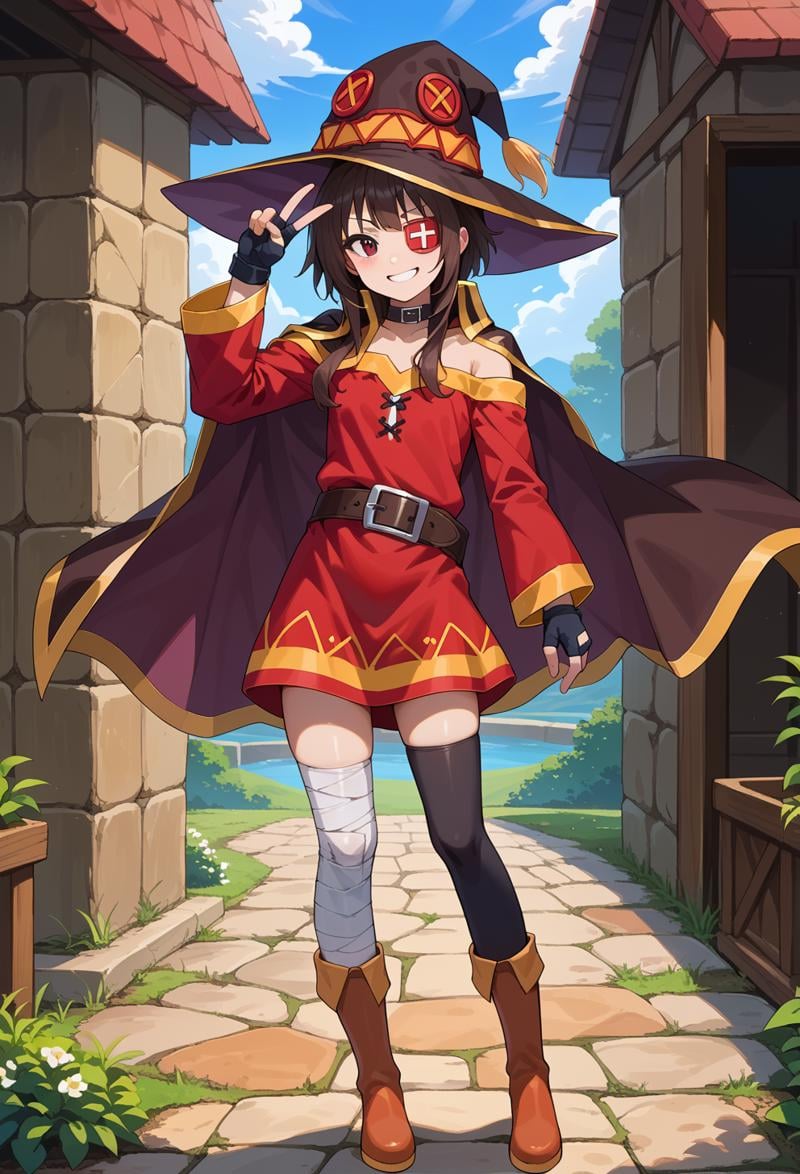 score_9, score_7_up, source_anime, BREAK <lora:AEMegumin-000009:1> AEMegumindef, red eyes, Brown hair,  Belt choker, red dress, off-shoulder dress, Black gloves, fingerless gloves, Belt, mismatched legwear, asymmetrical legwear, bandaged leg, black thighhighs, knee boots, hat, red eyepatch, Black cape, v over eye, standing, full body, smile,