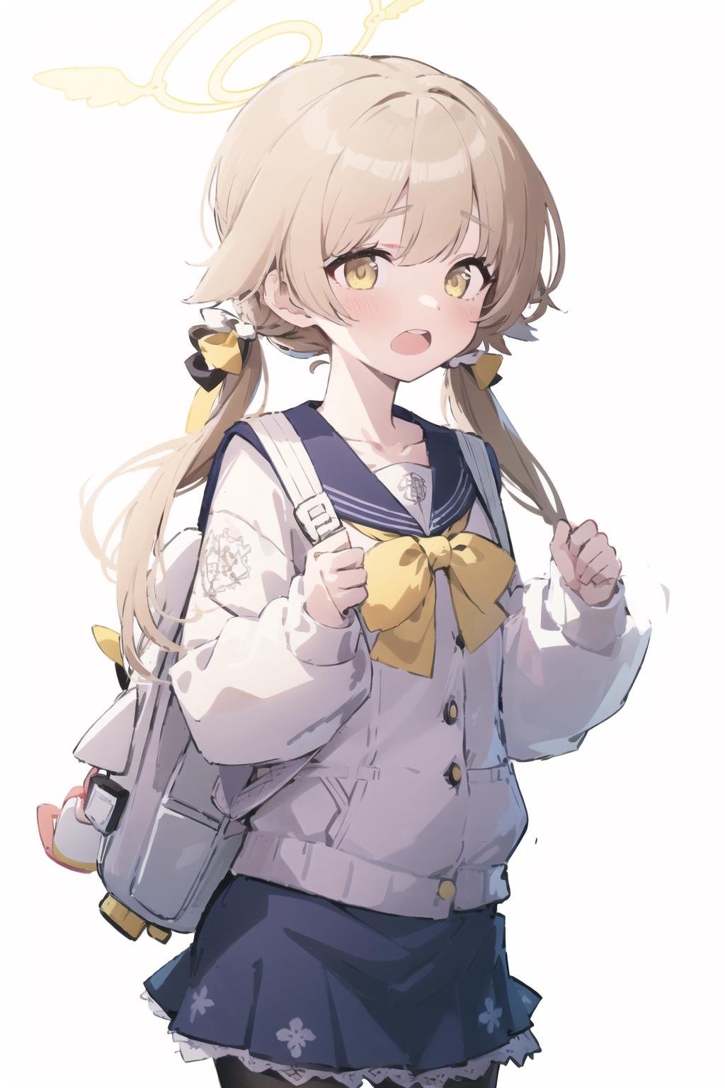 ((masterpiece,best quality)),(illustration),1girl, hifumi (blue archive), solo, halo, twintails, bag, blush, pantyhose, simple background, school uniform, backpack, open mouth, low twintails, black pantyhose, skirt, looking at viewer, long hair, light brown hair, sailor collar, brown hair, yellow eyes, long sleeves, collarbone, white background, holding strap, brown eyes, blue skirt <lora:ajitaniHifumi:1> <lora:blueArchiveV2:0.7>