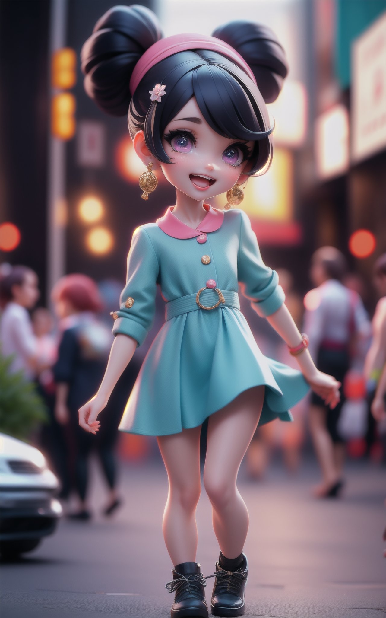 1girl,Long Slicked-Back Hairstyle,A bustling, modern city street during a vibrant, lively jazz festival,Mini dress,Hopeful facial expression,dynamic attitude,