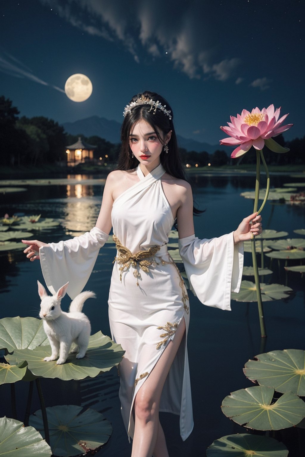 goddess zi on the moon flying near the pond with some lotus flowers, Holding a white rabbit,in the style of harmonious color palette, multilayered compositions, detailed character design, nightmarish illustrations, light amber and green, traditional costumes, vibrant murals<lora:人间蜜桃:0.35>