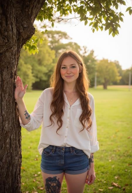 Ava Adore stands with one hand on the trunk of an old oak tree in a sunny meadow. Her braided hair cascades elegantly down...