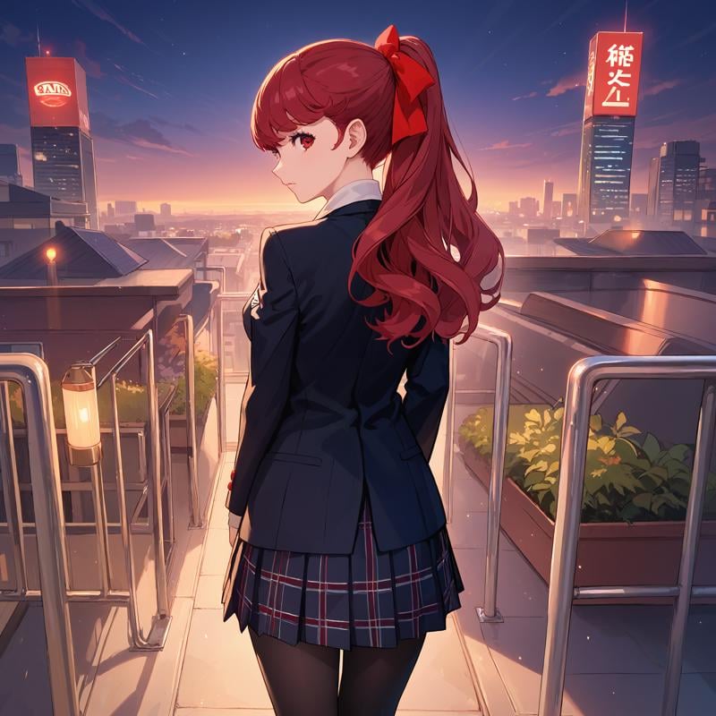 score_9, score_8_up, score_7_up, score_6_up, BREAK source_anime, look at viewer, outdoors, night, city, 1girl, solo, from behind, masterpiece, best quality, high detailed skin,   yoshizawa kasumi, yoshizawa school, long hair, ponytail, red hair, hair bow, red eyes, school uniform, shuujin academy school uniform, black jacket, pleated skirt, pantyhose,