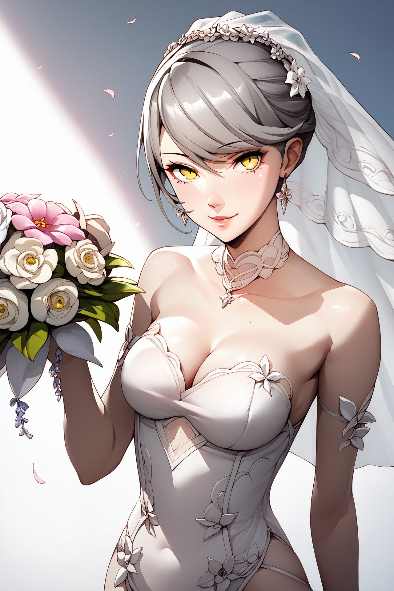 score_9, score_8_up, score_7_up, 1girl, seductive smile, looking at viewer, dark_grey hair, side-swept_bangs, yellow eyes, breasts, wedding dress, Philodendron \(flower\), simple_background <lora:Soejima_Shigenori_PonyXL_style_v01:1>