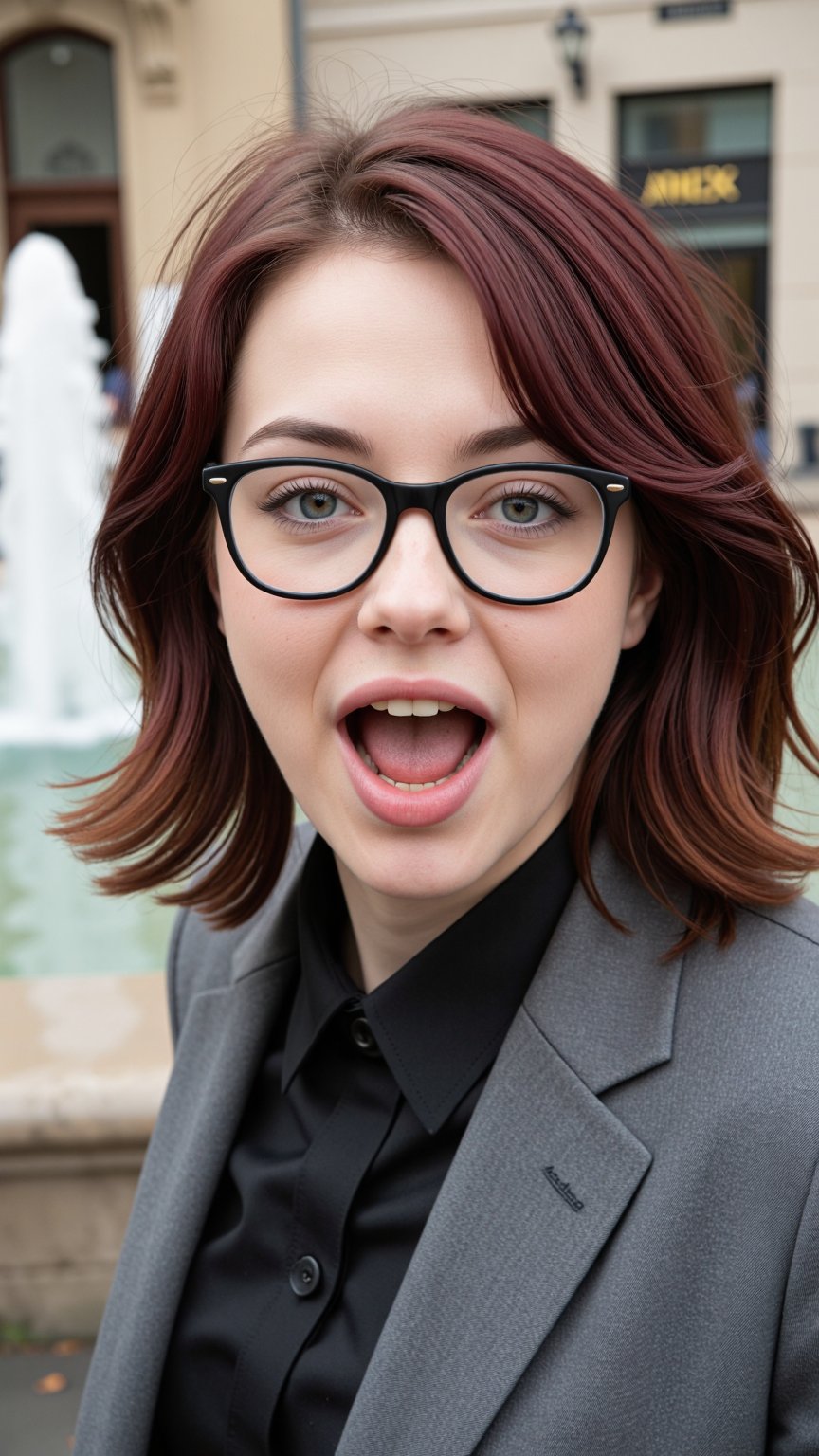 The photo is a high-resolution epic cinematic retro photo of an adult 20y-o caucasian woman with Maroon Tousled Balayage h...