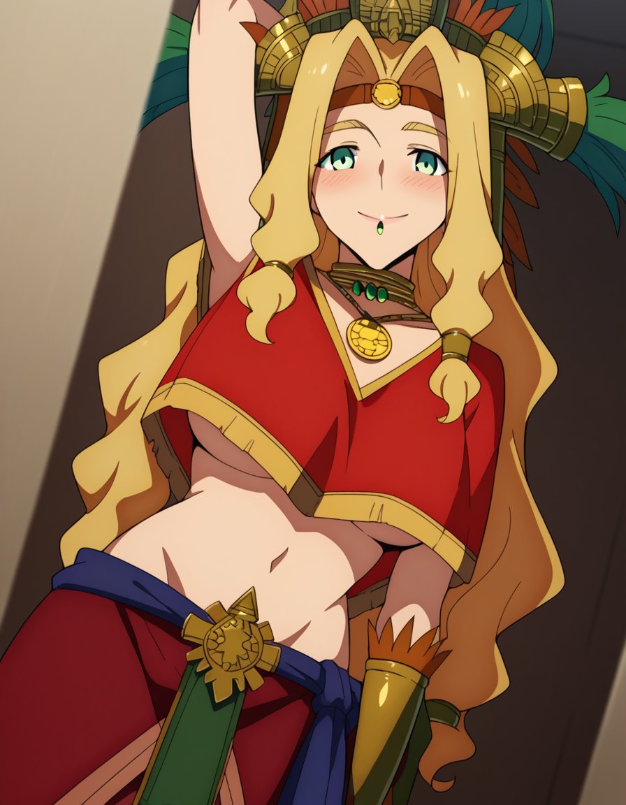 score_9, score_8_up, score_7_up, source_anime, <lora:quetzalcoatl-babylonia-s1-ponyxl-lora-nochekaiser:1>, quetzalcoatl, long hair, blonde hair, green eyes, low-tied long hair, large breasts,, skirt, navel, jewelry, midriff, red skirt, headdress, bracer, poncho, red poncho, underboob,, indoors, bed, bed room, on side, blush, drunk,, smile, , arm raised above head, solo,, cowboy shot, dutch angle