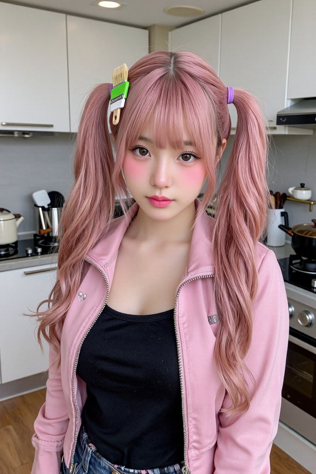 This is a high-resolution photograph of a young Asian woman with a fair complexion and long,  wavy,  pastel pink hair styl...