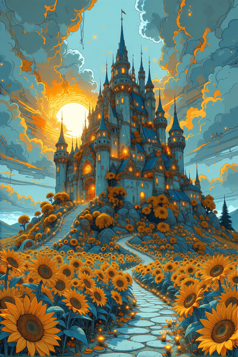 fantasy castle,  on a hill made of sunflowers,  YFGFutureBlue style by inknoir on Tensor.Art